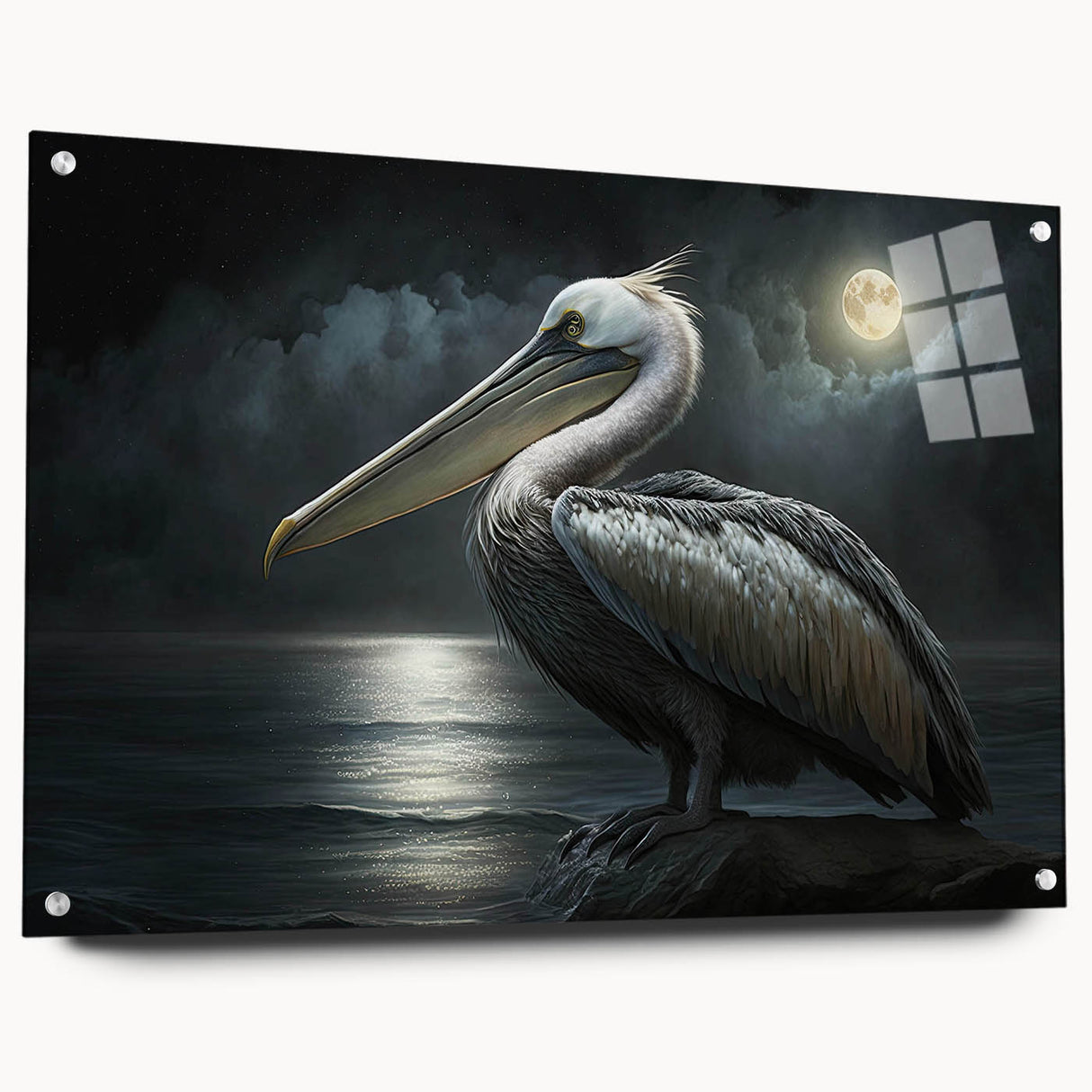 Acrylic wall art featuring a colorful pelican design in profile view, mounted with pins for easy display, perfect for enhancing coastal-themed decor.