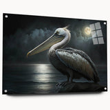 Acrylic wall art featuring a colorful pelican design in profile view, mounted with pins for easy display, perfect for enhancing coastal-themed decor.