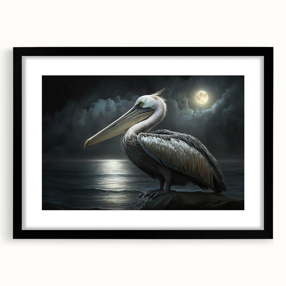 Elegant black-framed wall art featuring a vibrant pelican design, perfect for coastal decor. Ideal for enhancing living spaces with a touch of nature.
