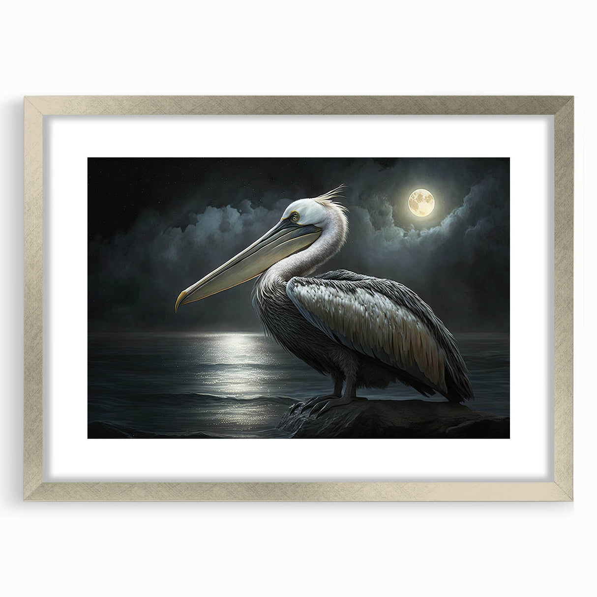 Framed wall art featuring a pelican design, set in a silver frame with a mat, showcasing vibrant colors and intricate details, perfect for coastal decor enthusiasts.