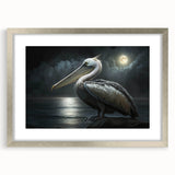 Framed wall art featuring a pelican design, set in a silver frame with a mat, showcasing vibrant colors and intricate details, perfect for coastal decor enthusiasts.