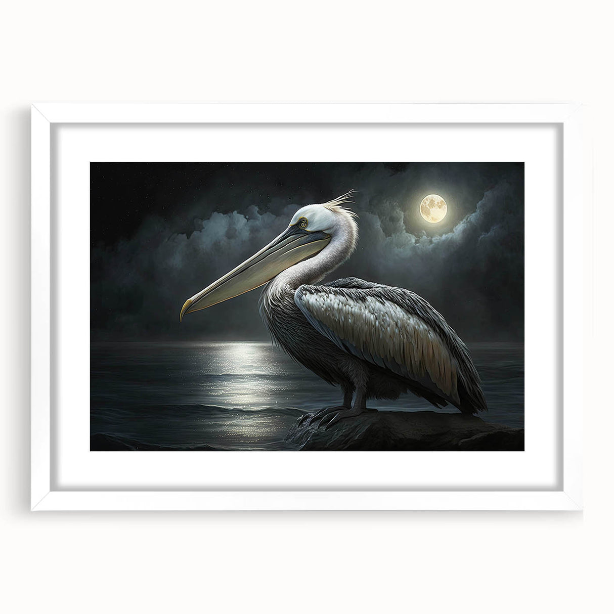 Framed wall art featuring a vibrant pelican design on a white background, showcasing intricate details and a modern aesthetic, perfect for coastal decor enthusiasts.