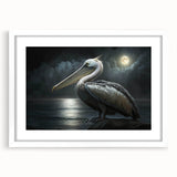 Framed wall art featuring a vibrant pelican design on a white background, showcasing intricate details and a modern aesthetic, perfect for coastal decor enthusiasts.