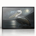 Framed wall art featuring a striking pelican design with vibrant colors, set in a sleek black frame, perfect for enhancing coastal-themed decor.