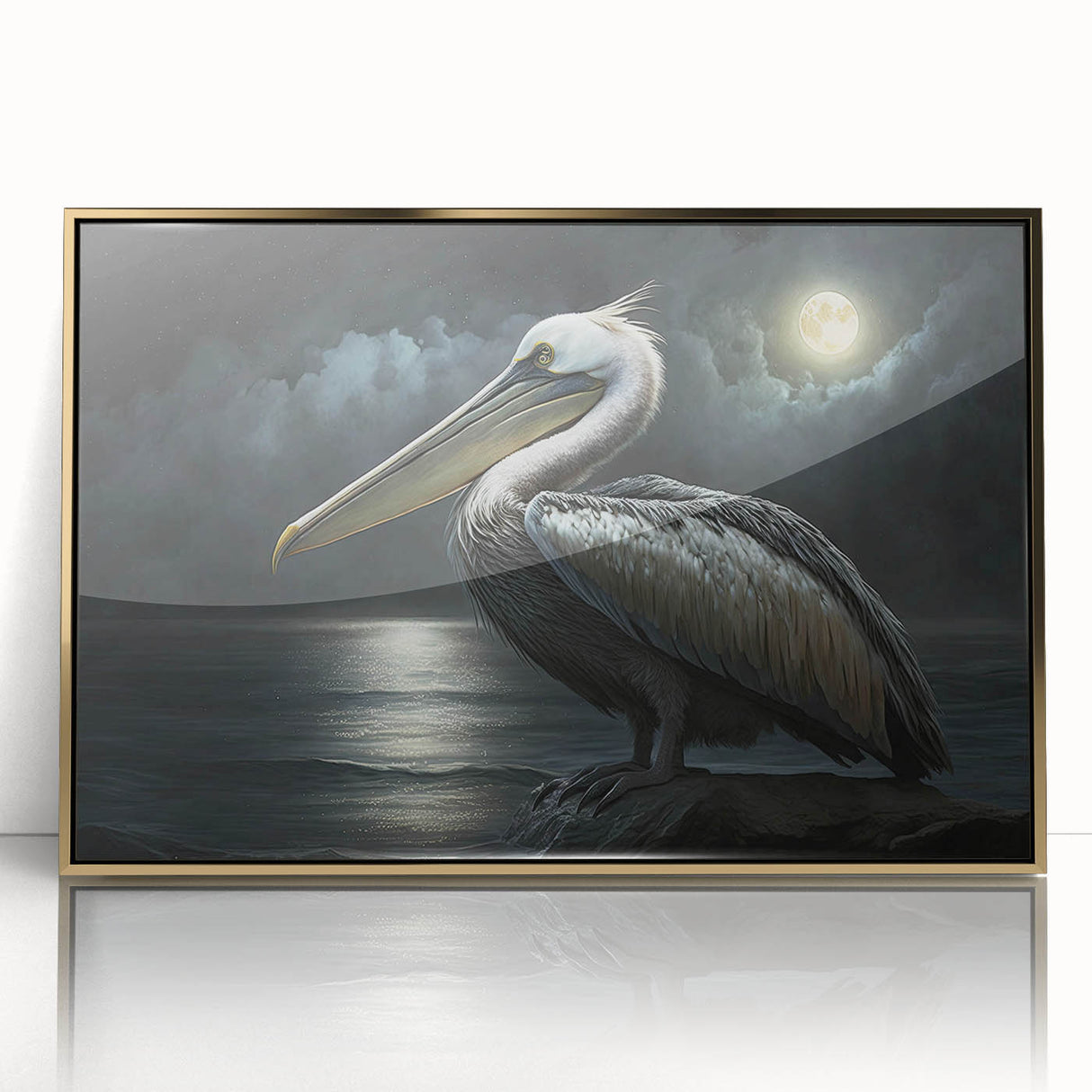 Framed wall art featuring a detailed pelican design with gold accents, set against a sleek acrylic background, ideal for enhancing coastal decor.