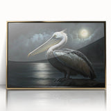 Framed wall art featuring a detailed pelican design with gold accents, set against a sleek acrylic background, ideal for enhancing coastal decor.