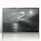 Framed acrylic wall art showcasing a silver pelican design, elegantly displayed with a modern aesthetic. Perfect for enhancing coastal-themed interiors and bird lovers' spaces.