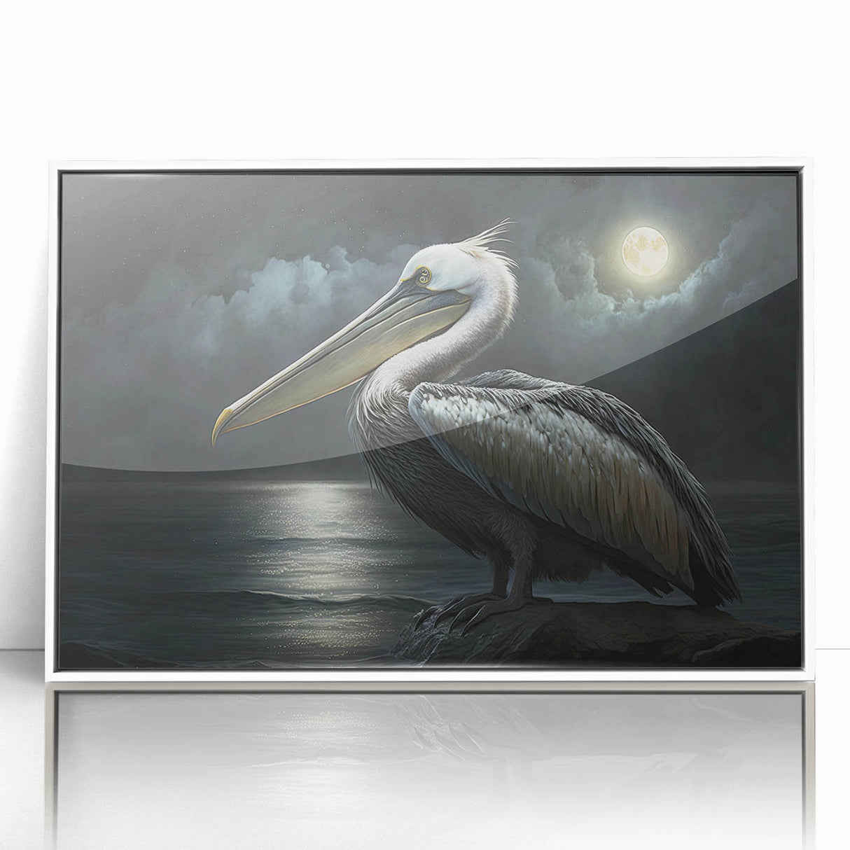 Framed acrylic wall art featuring a serene pelican design in soft colors, displayed against a white background, perfect for coastal-themed decor.
