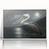Framed acrylic wall art featuring a serene pelican design in soft colors, displayed against a white background, perfect for coastal-themed decor.