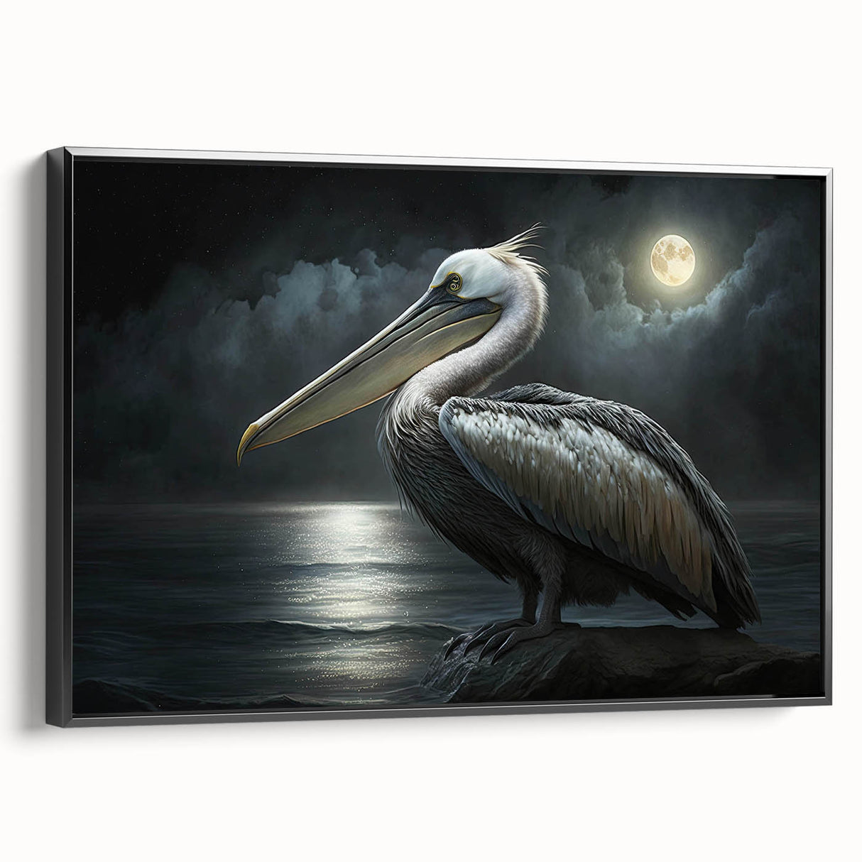 Framed wall art featuring a side view of a stylish pelican design on canvas, showcasing vibrant colors and intricate details, ideal for coastal decor enthusiasts.