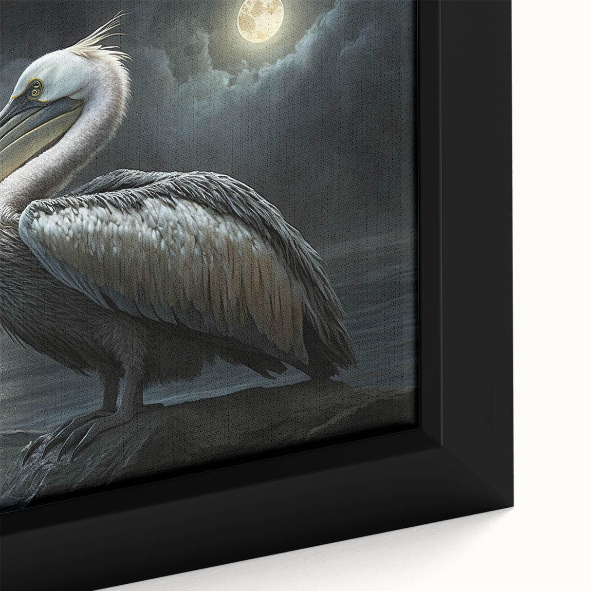 Close-up of a beautifully framed canvas wall art featuring a vibrant pelican design, showcasing intricate details and rich colors, perfect for enhancing home decor.