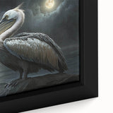 Close-up of a beautifully framed canvas wall art featuring a vibrant pelican design, showcasing intricate details and rich colors, perfect for enhancing home decor.
