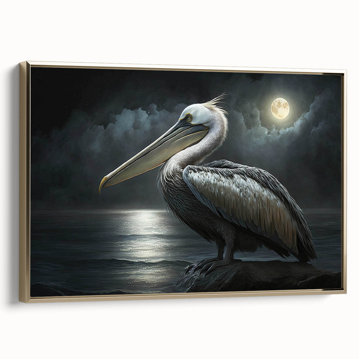 Framed canvas wall art featuring a stylish pelican design in gold tones, showcasing a side view of the bird against a neutral background, perfect for home decor.