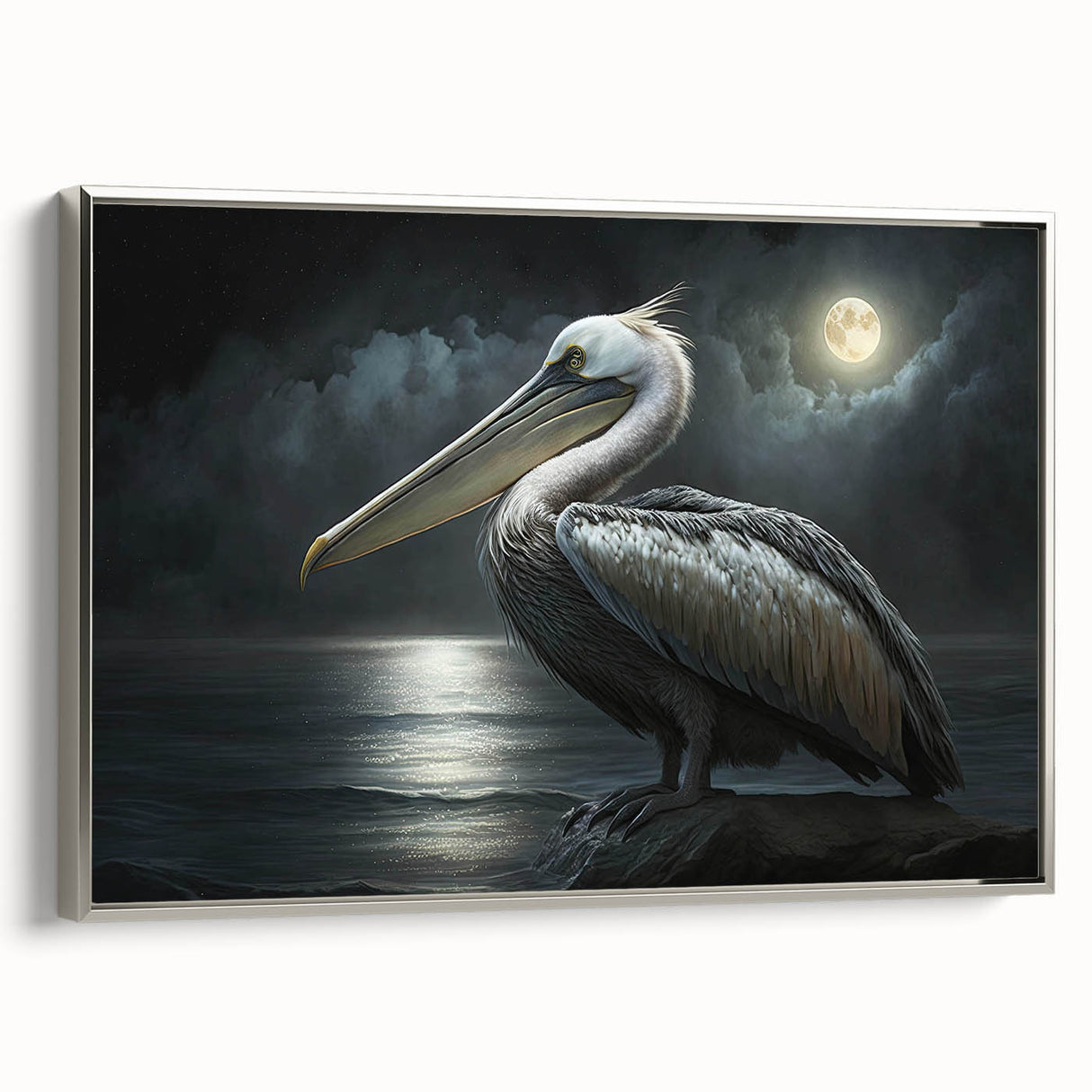 Framed canvas wall art featuring a silver-bordered pelican design with intricate details, perfect for adding a coastal touch to home decor.