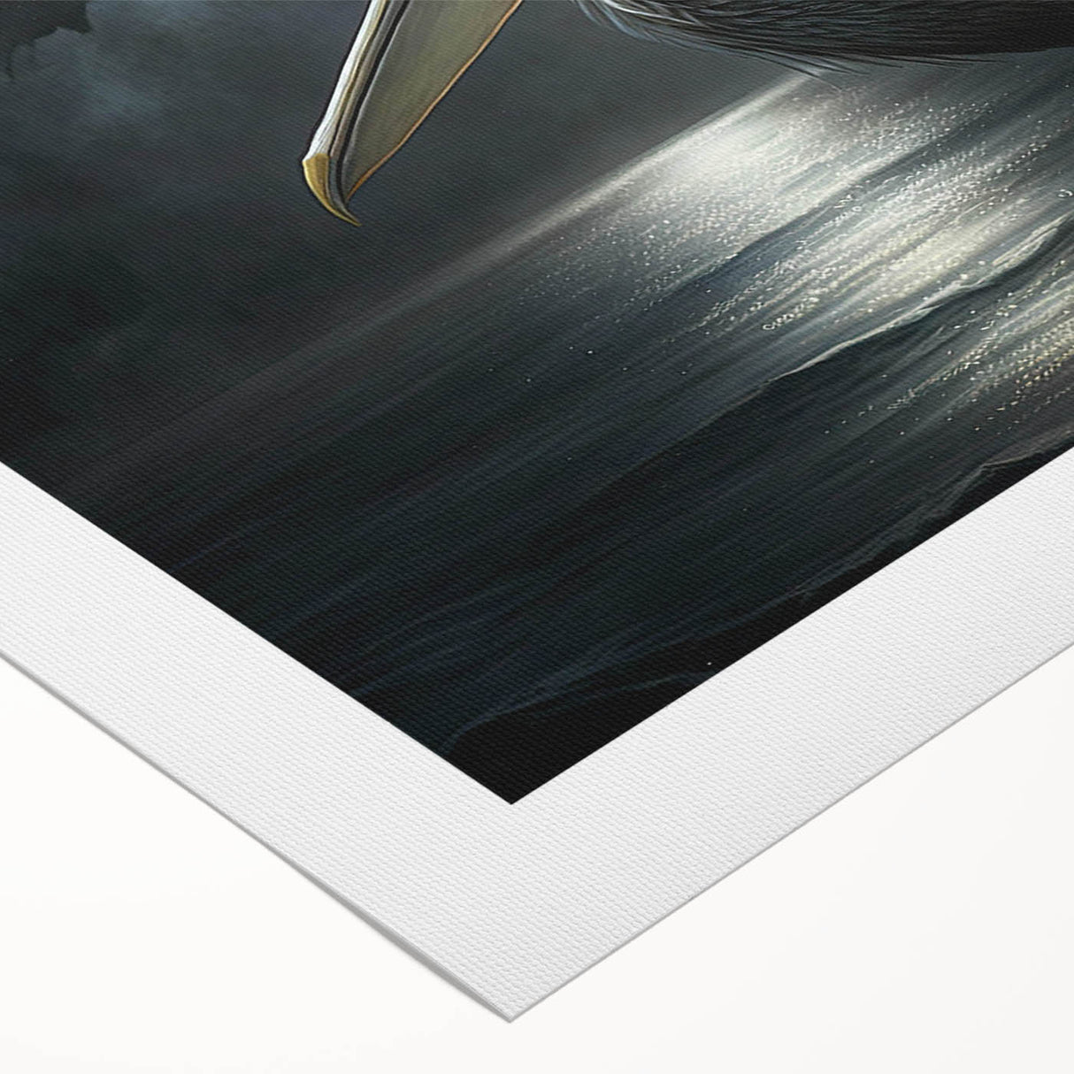 Vibrant rolled canvas artwork showcasing a pelican design, ideal for coastal decor, featuring bold colors and intricate details, packaged securely for delivery.