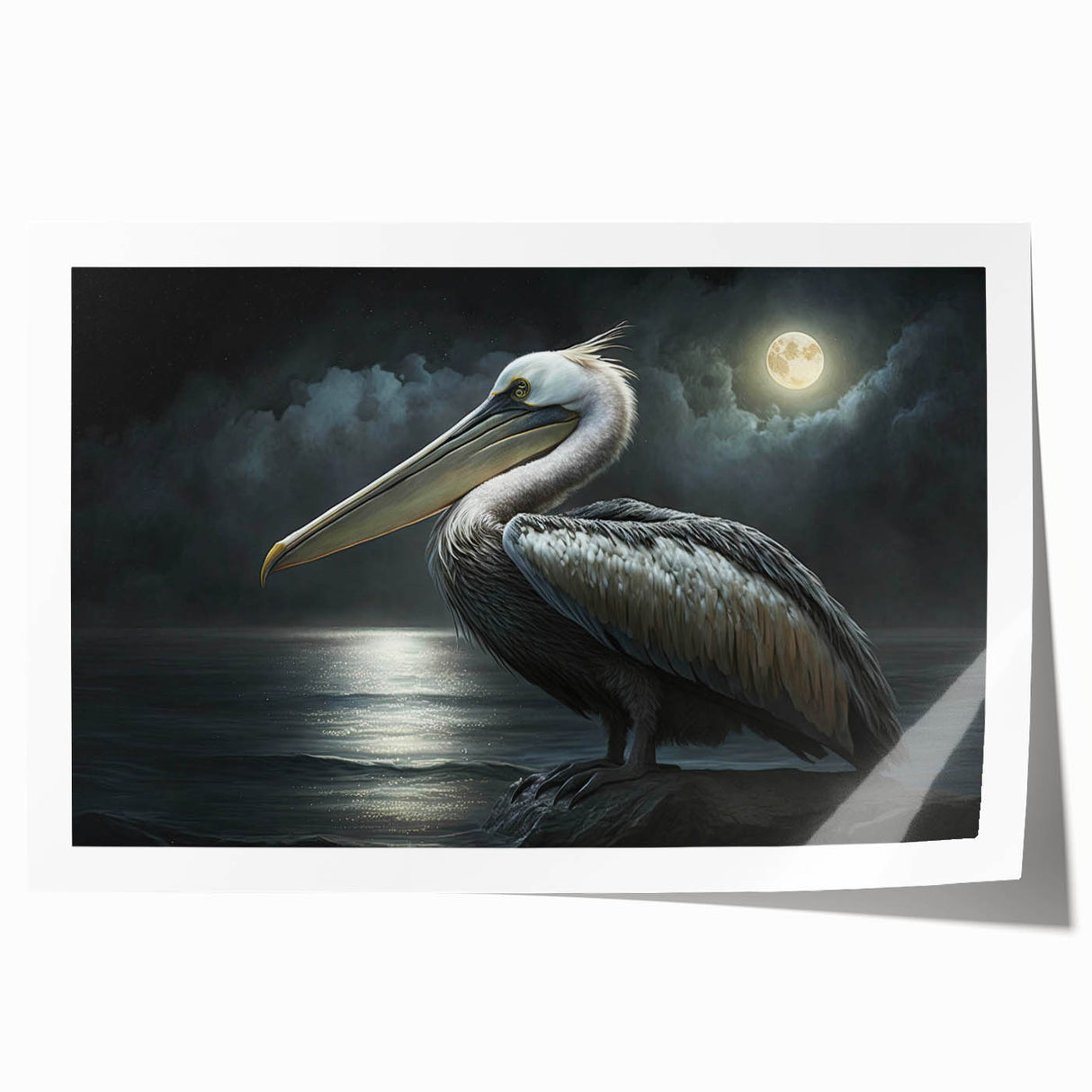 Colorful pelican wall art print showcasing a vibrant design with intricate details, rolled and ready for framing, perfect for coastal-themed decor.