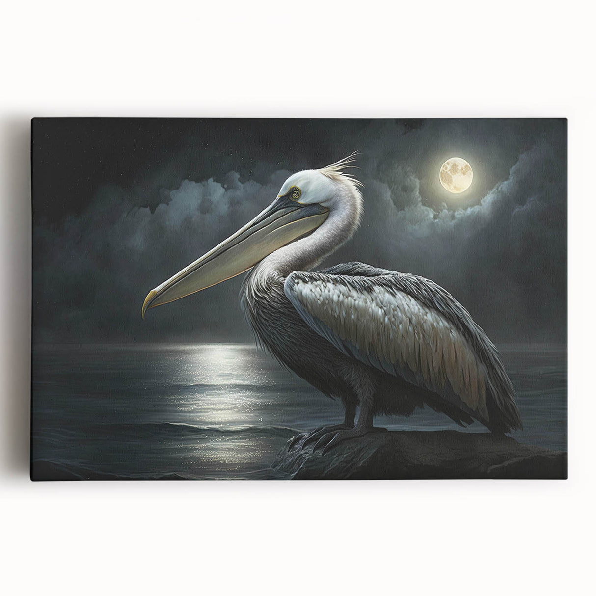 Colorful pelican wall art design on stretched canvas, showcasing vibrant hues and intricate details, ideal for enhancing coastal-themed decor and art collections.