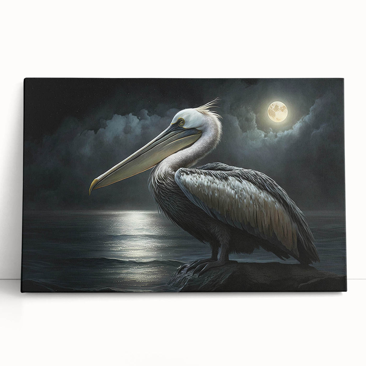 Stretched canvas wall art featuring a vibrant pelican design, showcasing detailed colors and textures, perfect for coastal home decor.