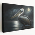 Stretched canvas wall art showcasing a serene pelican design in soft blues and whites, perfect for coastal home decor, enhancing any living space with elegance.