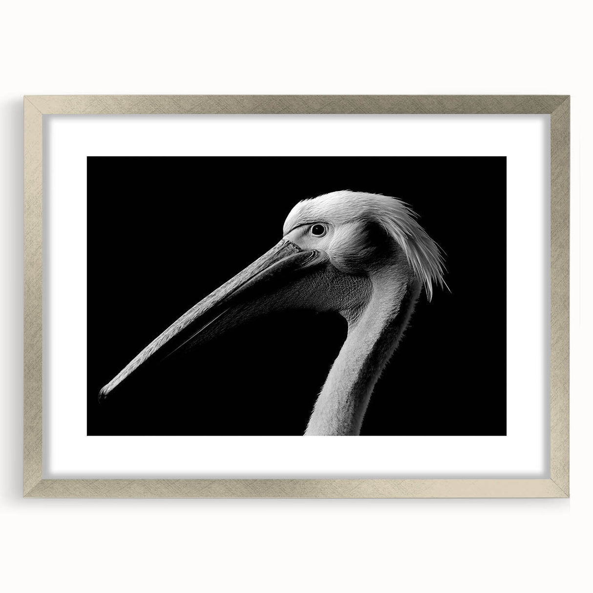 Framed wall art featuring a silver mat and pelican design, showcasing vibrant colors and intricate details against a modern decor setting, ideal for coastal themes.