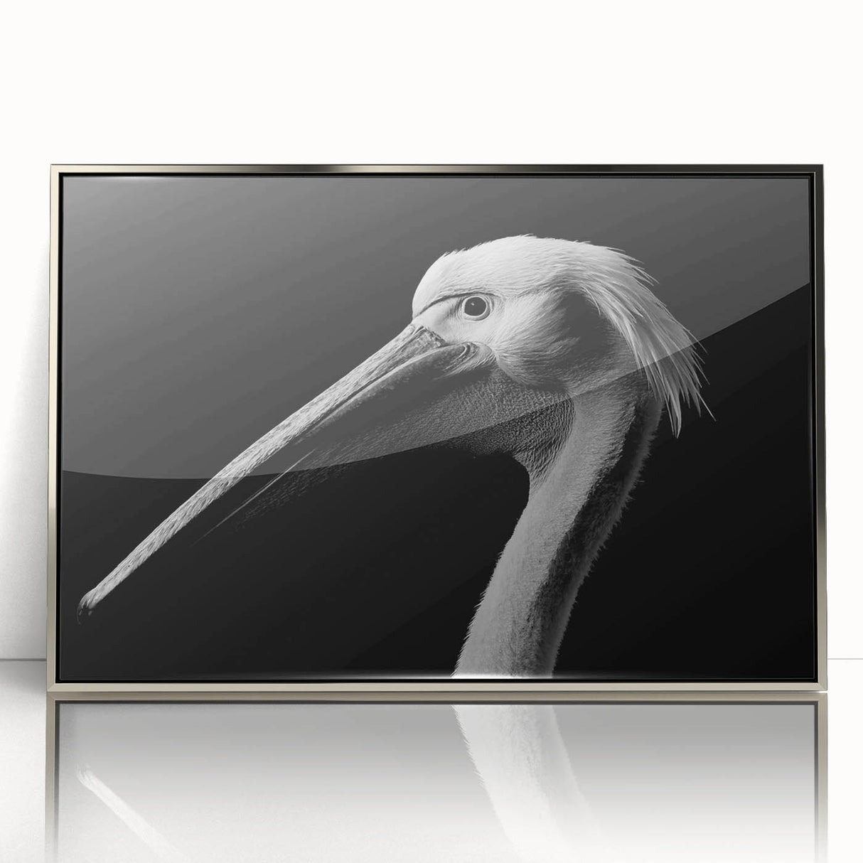 Framed acrylic wall art featuring a silver front view of a pelican design, showcasing intricate details and vibrant colors, perfect for coastal home decor.