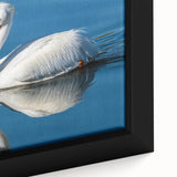 Close-up of a framed canvas wall art featuring a vibrant pelican design, showcasing intricate details and colors ideal for coastal decor enthusiasts. Perfect for enhancing living spaces with nature-inspired art.