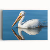 Stretched canvas wall art featuring a colorful pelican design, showcasing vibrant blues and yellows against a neutral background, ideal for coastal decor.