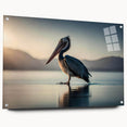 Side view of a pelican-themed wall art piece, crafted from acrylic glass, showcasing vibrant colors and intricate details, mounted with decorative pins for an elegant presentation. Perfect for enhancing coastal or nature-inspired home decor.
