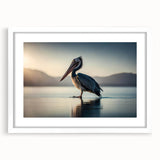 Framed wall art featuring a serene pelican design, showcasing soft pastel colors and a white mat. Ideal for coastal-themed decor in living spaces or offices.