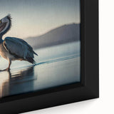Close-up of a framed canvas wall art featuring a vibrant pelican design, showcasing intricate details and rich colors, ideal for enhancing coastal decor.