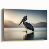 Framed wall art featuring a side view of a pelican design with golden accents, showcasing vibrant colors and intricate details, perfect for coastal decor enthusiasts.
