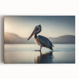 Stretched canvas wall art featuring a colorful pelican design, showcasing vibrant blues and yellows against a textured background, perfect for coastal decor.