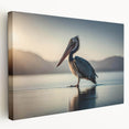 Stretched canvas wall art showcasing a detailed side view of a pelican in a serene coastal setting, perfect for adding a coastal vibe to home decor.