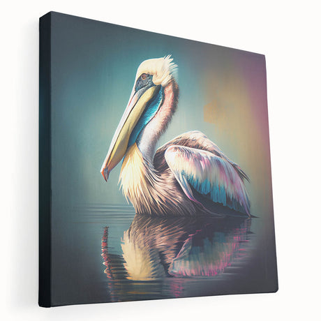 Stretched canvas wall art showcasing a vibrant pelican design in a scenic coastal setting, ideal for beach-themed decor or wildlife enthusiasts.