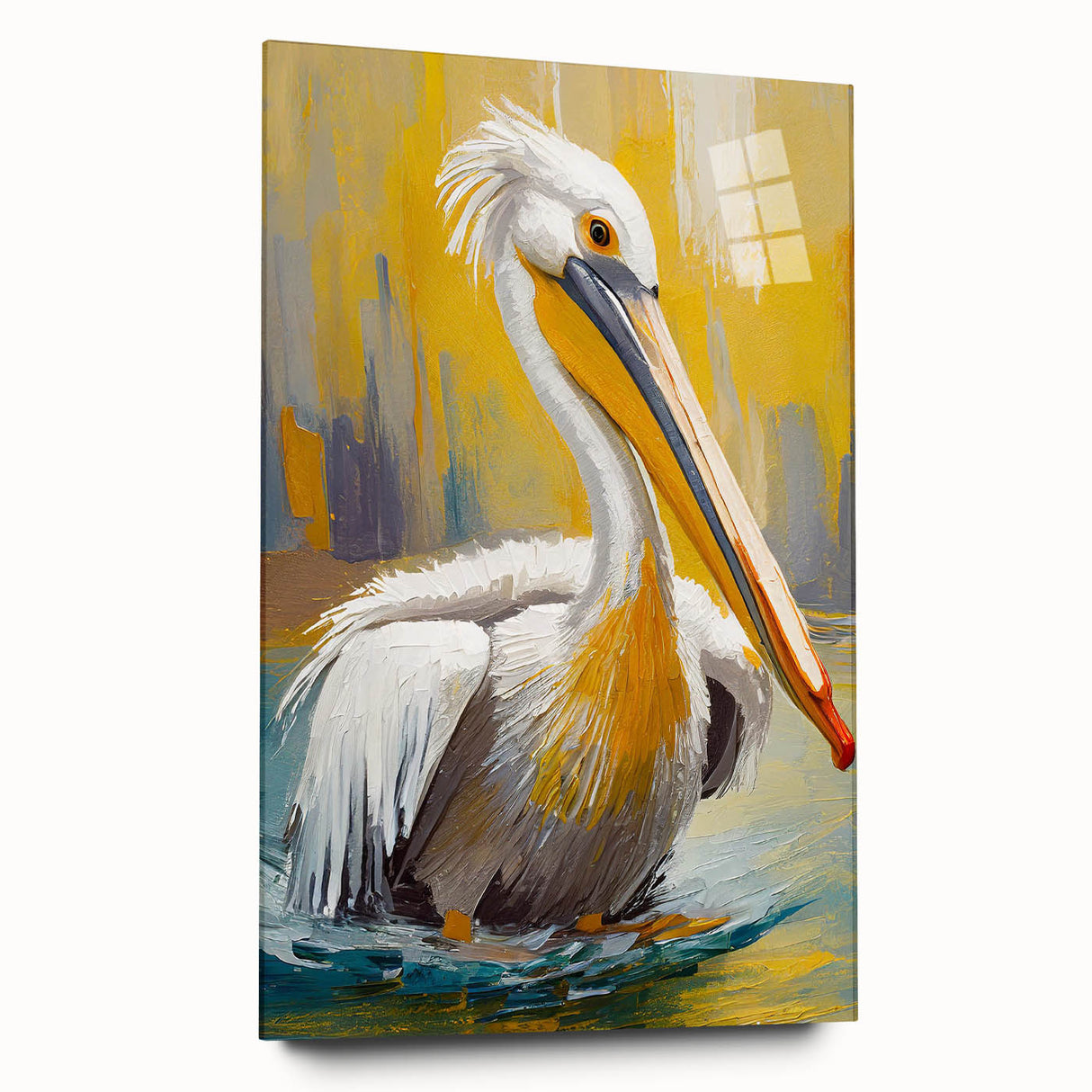 Acrylic wall art featuring a side view of a pelican design, showcasing vibrant colors and intricate details, ideal for coastal-themed decor and bird enthusiasts.