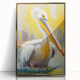 Framed wall art featuring a vibrant pelican design in gold accents, showcasing a front view of the bird against a neutral background, ideal for modern home decor.
