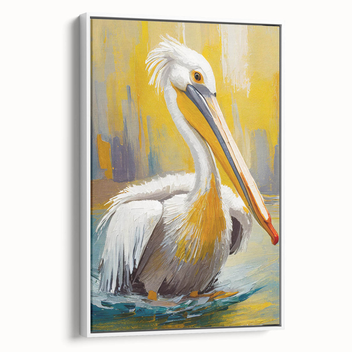 Framed wall art featuring a side view of a pelican design, set against a white background, ideal for coastal decor enthusiasts and nature lovers. This canvas adds a serene touch to home interiors, blending artistry with elegance.