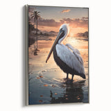 Framed wall art featuring a side view of a silver pelican design on canvas, showcasing intricate details and textures, perfect for modern home decor.