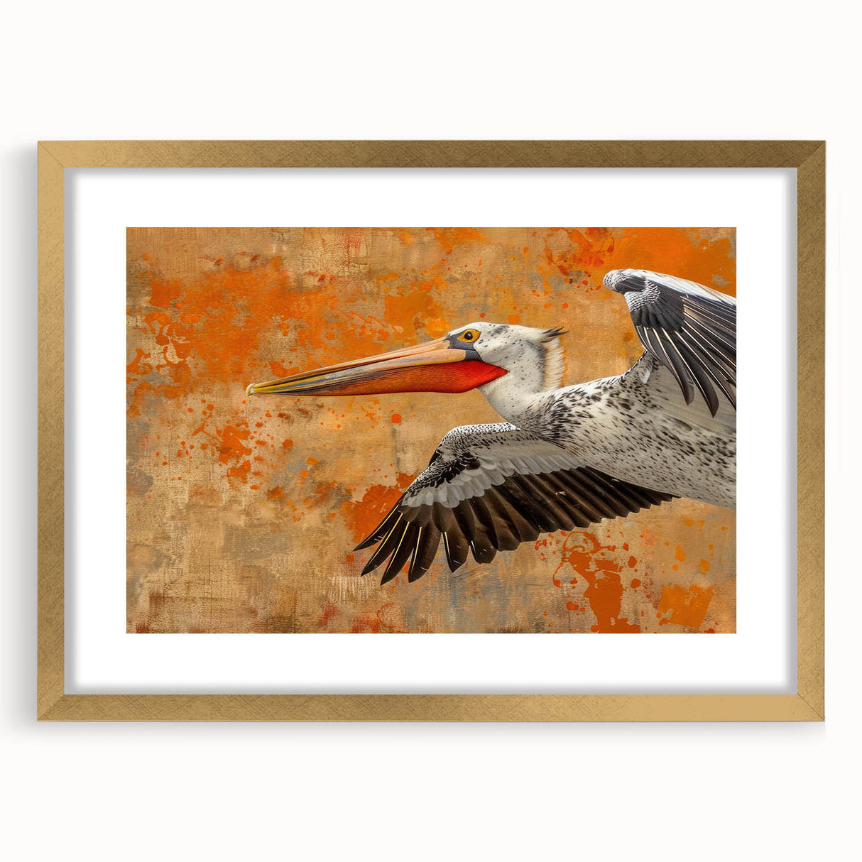 Elegant wall art featuring a pelican design in a gold frame, showcasing intricate details and a white mat, perfect for enhancing home decor.