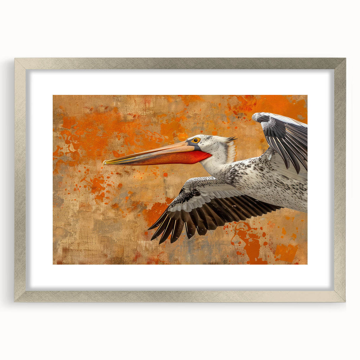 Framed wall art featuring a silver mat and a vibrant pelican design, showcasing rich colors and intricate details, perfect for coastal-themed decor.