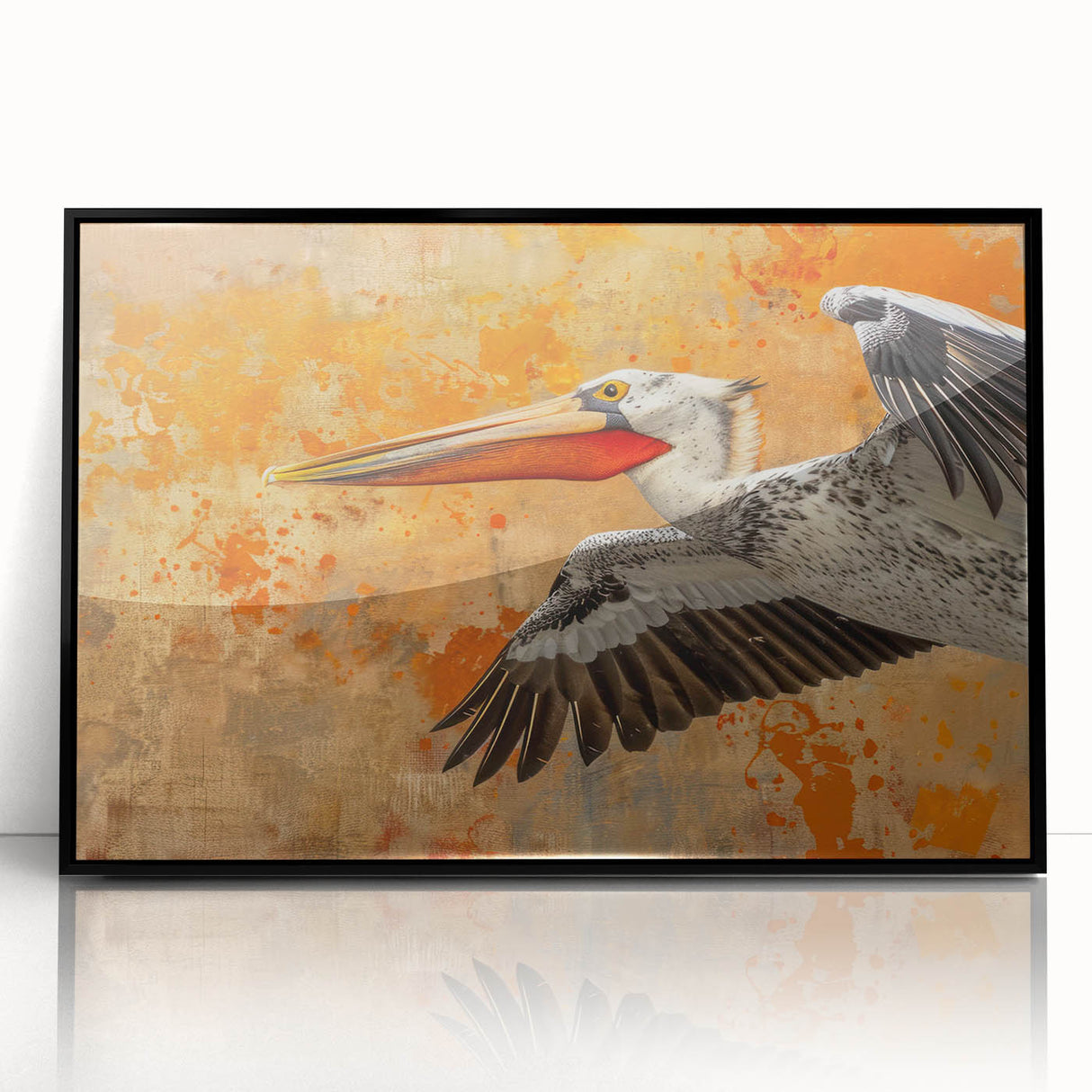 Framed wall art featuring a striking pelican design in vibrant colors, showcased in a sleek black frame, perfect for coastal-themed decor or bird enthusiasts.
