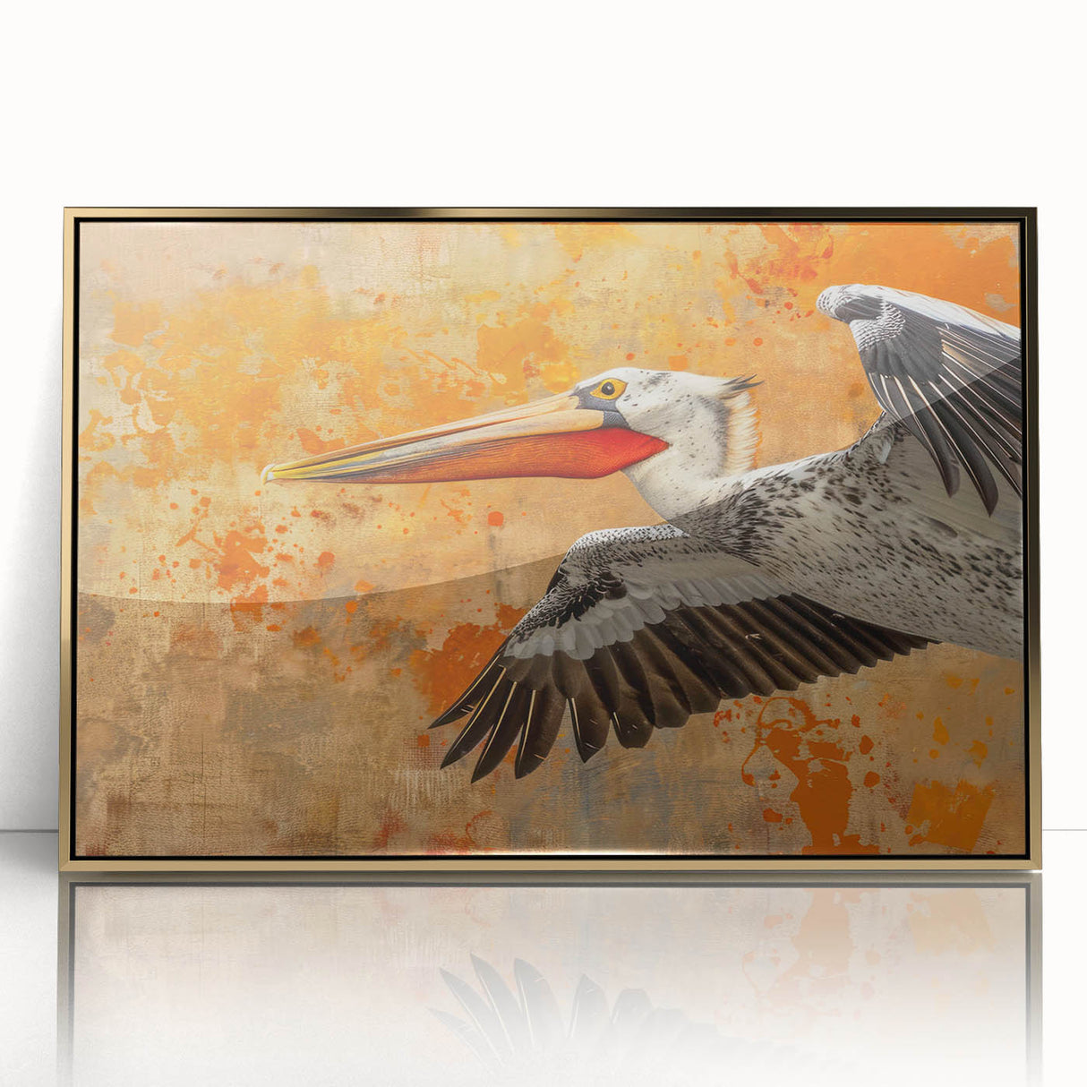 Framed wall art featuring a stylish pelican design with a gold acrylic front, perfect for coastal-themed decor. The artwork adds elegance and sophistication to any interior space.