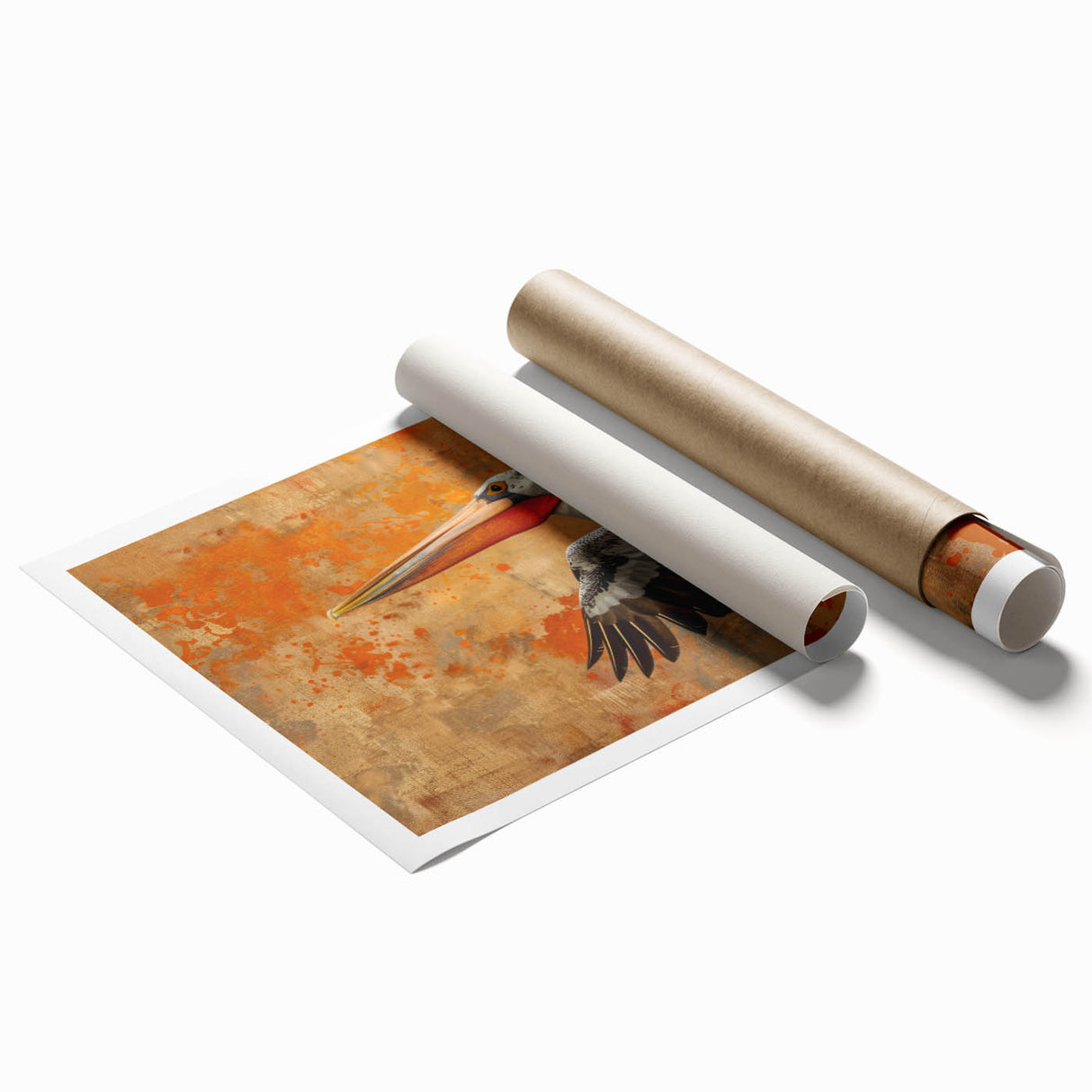 Colorful pelican wall art print featuring intricate designs and vibrant colors, rolled and ready for display. Ideal for enhancing coastal-themed decor.