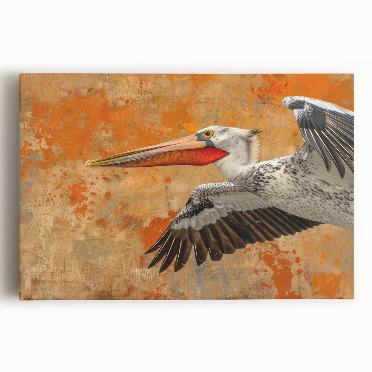 Stretched canvas wall art featuring a vibrant pelican design, showcasing intricate details and vivid colors, perfect for enhancing home decor with a coastal theme.
