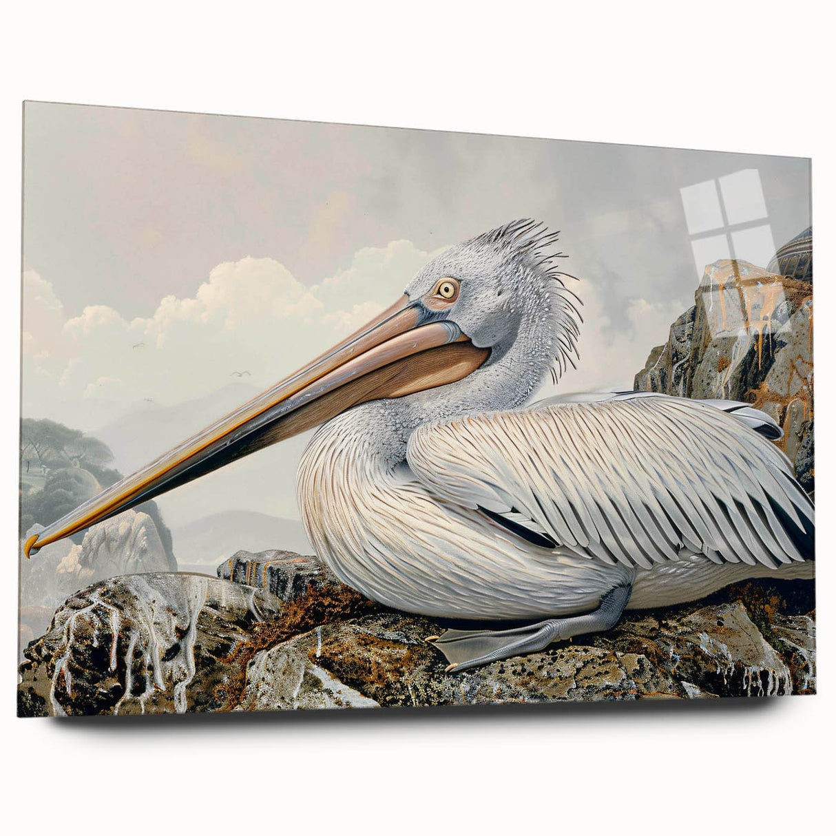 Elegant wall art featuring a side view of a pelican design in vibrant colors, displayed in an acrylic frame, ideal for coastal home decor and bird lovers.