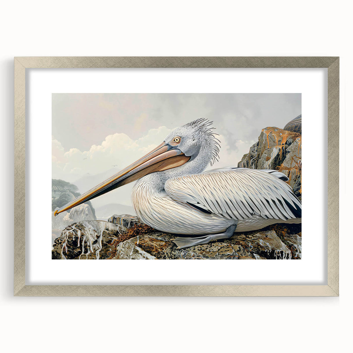 Framed wall art featuring a silver frame and mat, showcasing a vibrant pelican design, perfect for coastal decor enthusiasts. Ideal for enhancing living spaces.