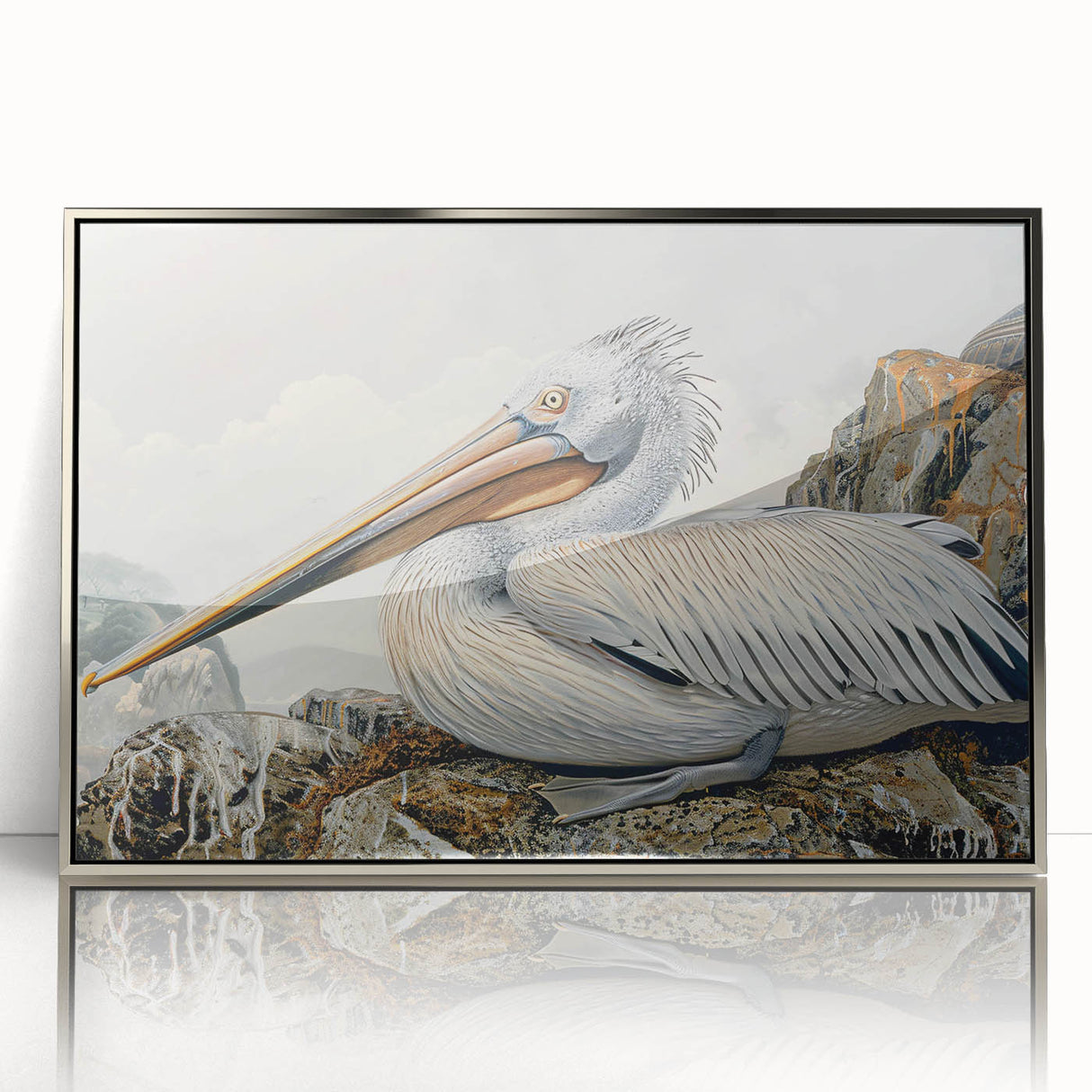Framed wall art featuring a stylish silver-accented pelican design, beautifully displayed with a modern aesthetic, perfect for enhancing any contemporary decor.
