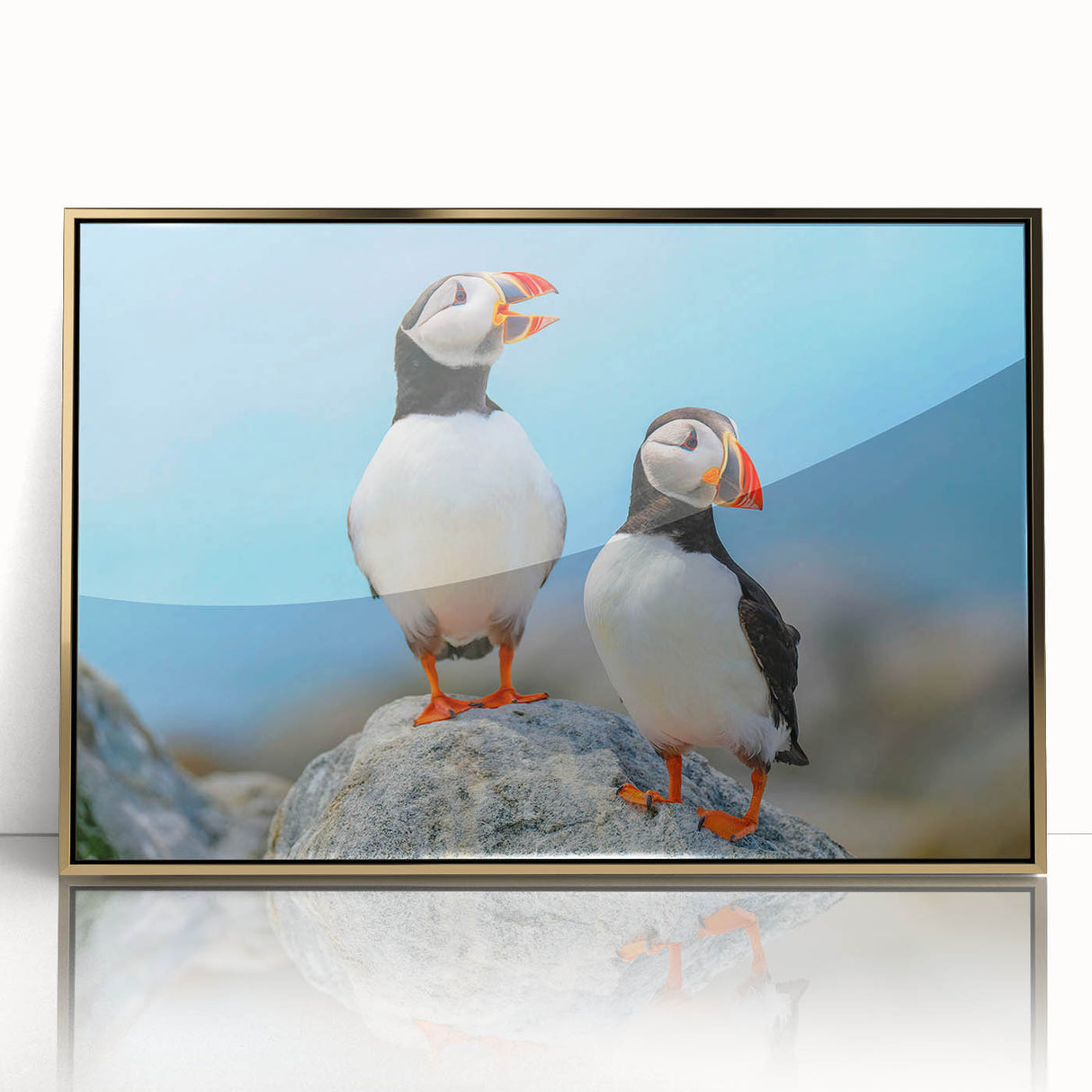 Framed wall art showcasing a colorful puffin design, featuring a gold-acrylic frame and vibrant hues, perfect for coastal-themed home decor.