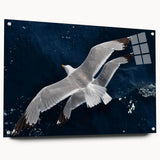 Acrylic glass wall art featuring a vibrant sea bird design, side view showcasing the secure pins holding the artwork in place, ideal for coastal-themed decor.