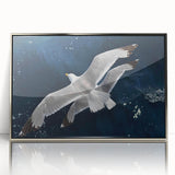 Framed wall art featuring a collection of sea birds in a vibrant design, with a sleek silver frame and acrylic front, ideal for coastal-themed decor.